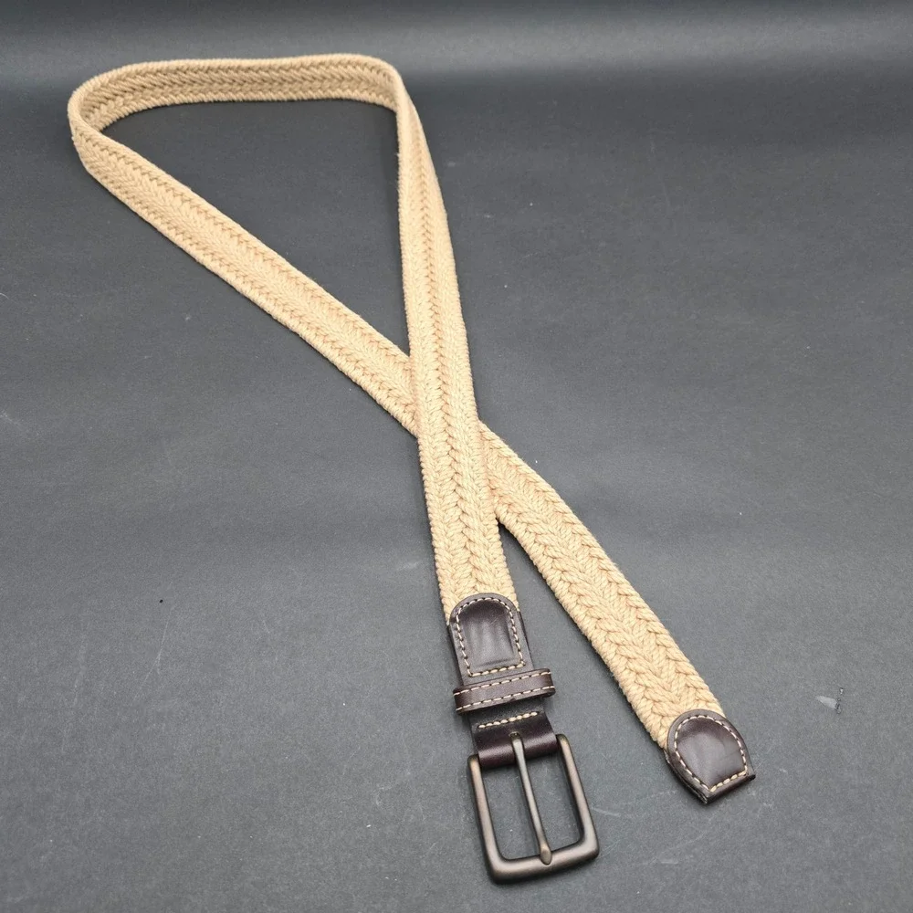 Orvis Mens Braided Elastic Belt Tan Khaki Brown Leather Trim Size 46 Made in USA